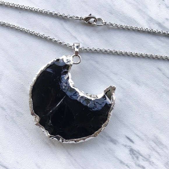 Silverskylight Jewelry - Genuine black obsidian big silver moon necklace